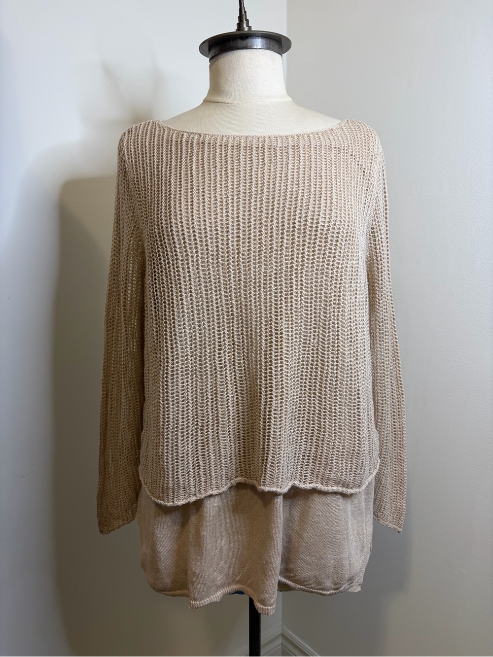 EILEEN FISHER 100% Organic Linen Open Knit Layered Boatneck Sweater Tan Sand